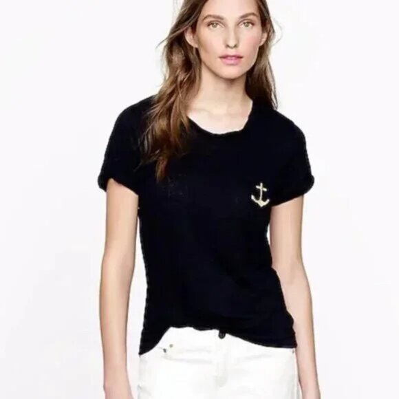 J. Crew Tops - J. Crew Navy Blue Collector Linen Anchor Pocket Tee Shirt